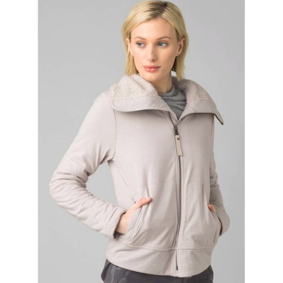 prAna Xina Sherpa Fleece Moto Pebble Grey Jacket - Picture 1 of 8